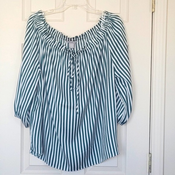 H&M Green Stripe Off-the-Shoulder Top Size 12 - Picture 3 of 12